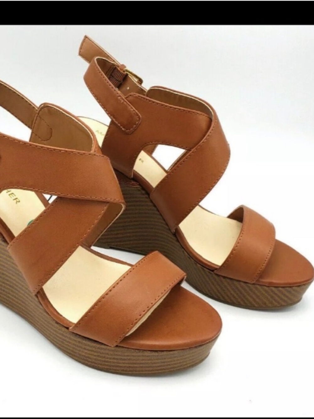 Marc Fisher Cognac Leather Strappy Wedge Sandals